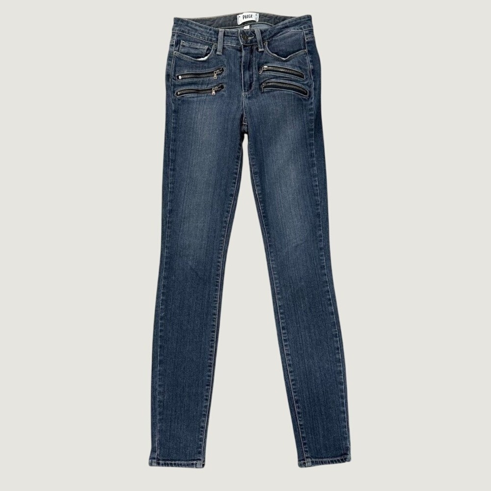PAIGE High Rise Edgemont Skinny Jeans 25 Dark Indigo Moto Zipper Denim